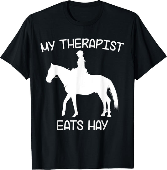 Horse rider clothes & gifts with funny sayings x | My Therapist Eats Hay | Funny Horses - Women's Black Short Sleeve - Size Small T-Shirt - T-Shirt | Black