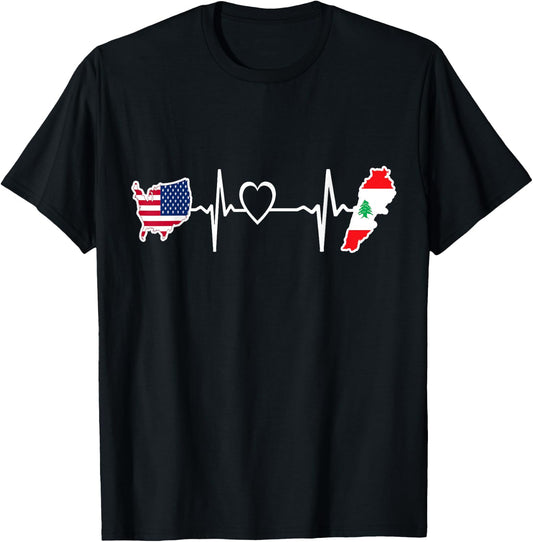 USA lebanon Heartbeat Shirt - lebanese American USA Flag T-Shirt - T-Shirt | Black