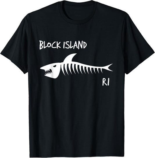 Block Island RI Shark Skeleton White Print T-Shirt - T-Shirt | Black