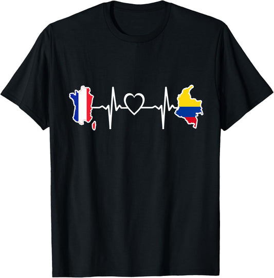 Colombian French Flag - France Colombia Heartbeat T-Shirt - T-Shirt | Black