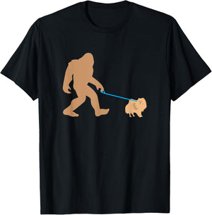 Bigfoot Walking Pomeranian Dog Funny Sasquatch Gift T-Shirt - T-Shirt | Black