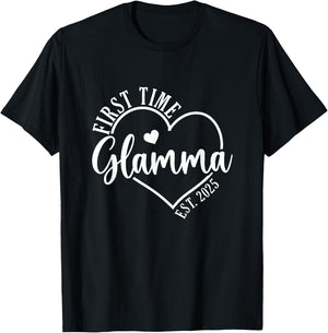 First time Glamma Est 2025 Grandparents Baby Announcement T-Shirt - T-Shirt | Black