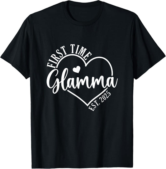 First time Glamma Est 2025 Grandparents Baby Announcement T-Shirt - T-Shirt | Black