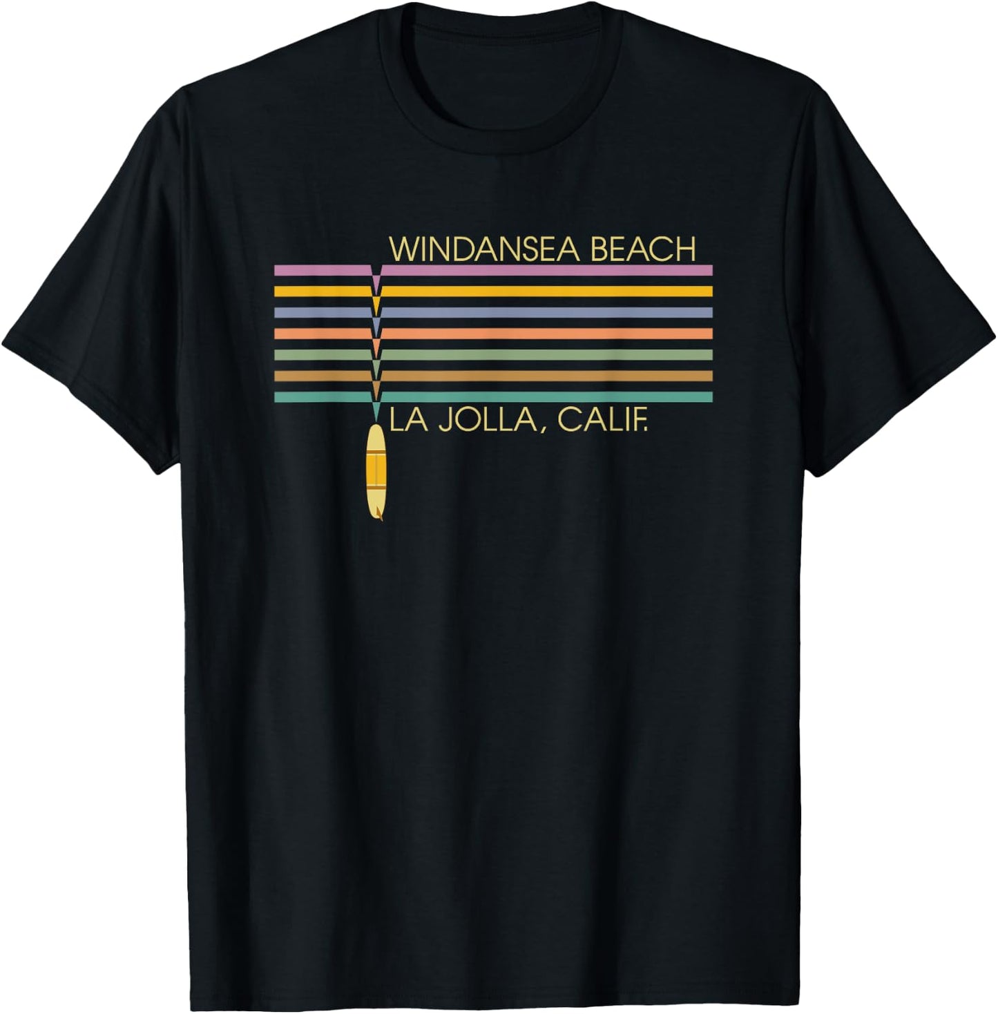 Windansea Beach California Surfing Retro Stripes Surfboard Men Women Kids T-Shirt - T-Shirt | Black