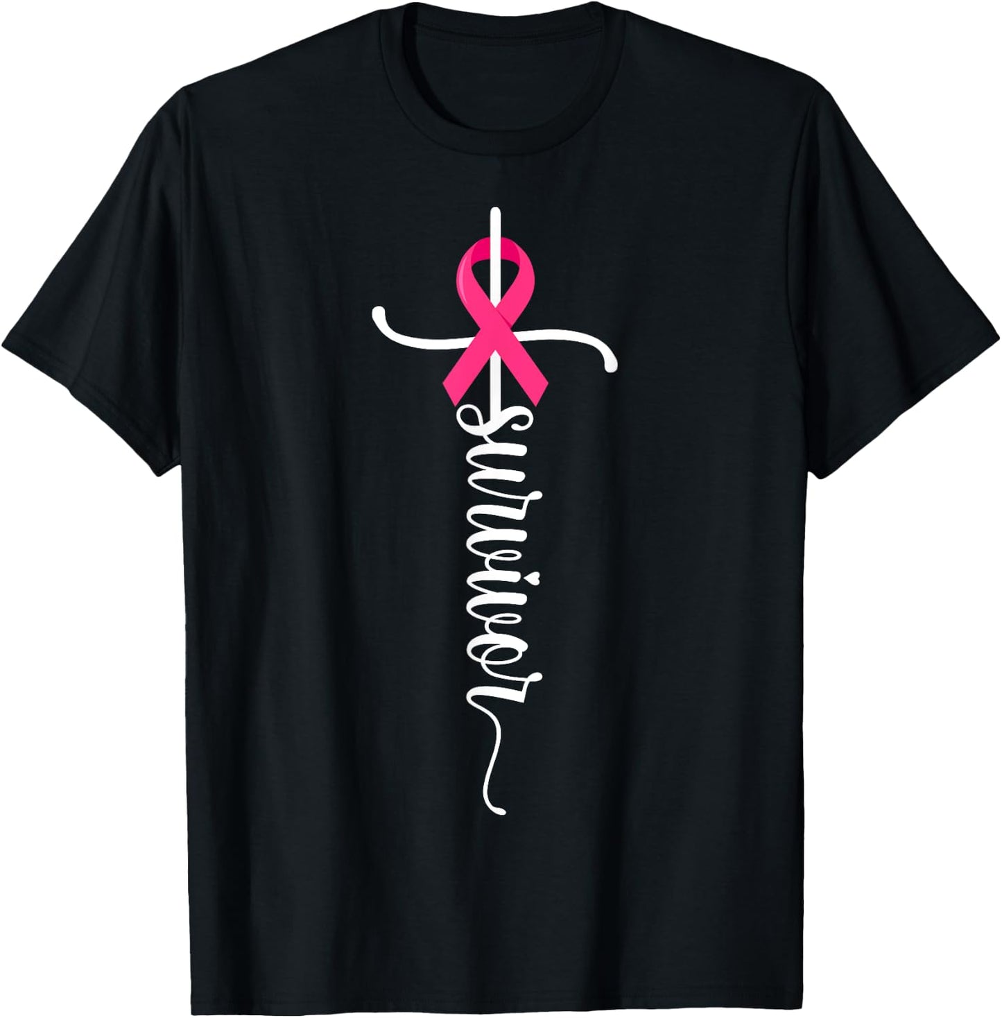 Survivor Christian Cross Warrior Pink Ribbon Breast Cancer T-Shirt - T-Shirt | Black