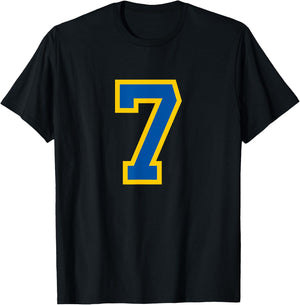 Number #7 Sport Blue Yellow Varsity Number T-Shirt - T-Shirt | Black