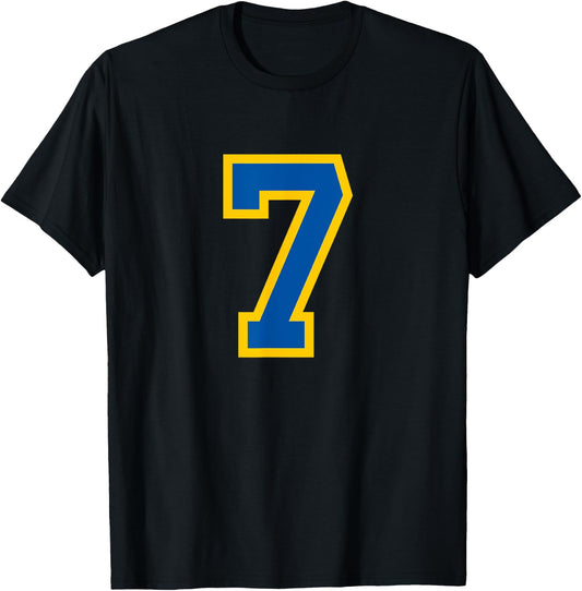 Number #7 Sport Blue Yellow Varsity Number T-Shirt - T-Shirt | Black