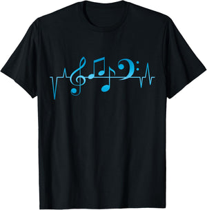 Music Heartbeat Notes Bass Clef Musician T-Shirt - T-Shirt | Black