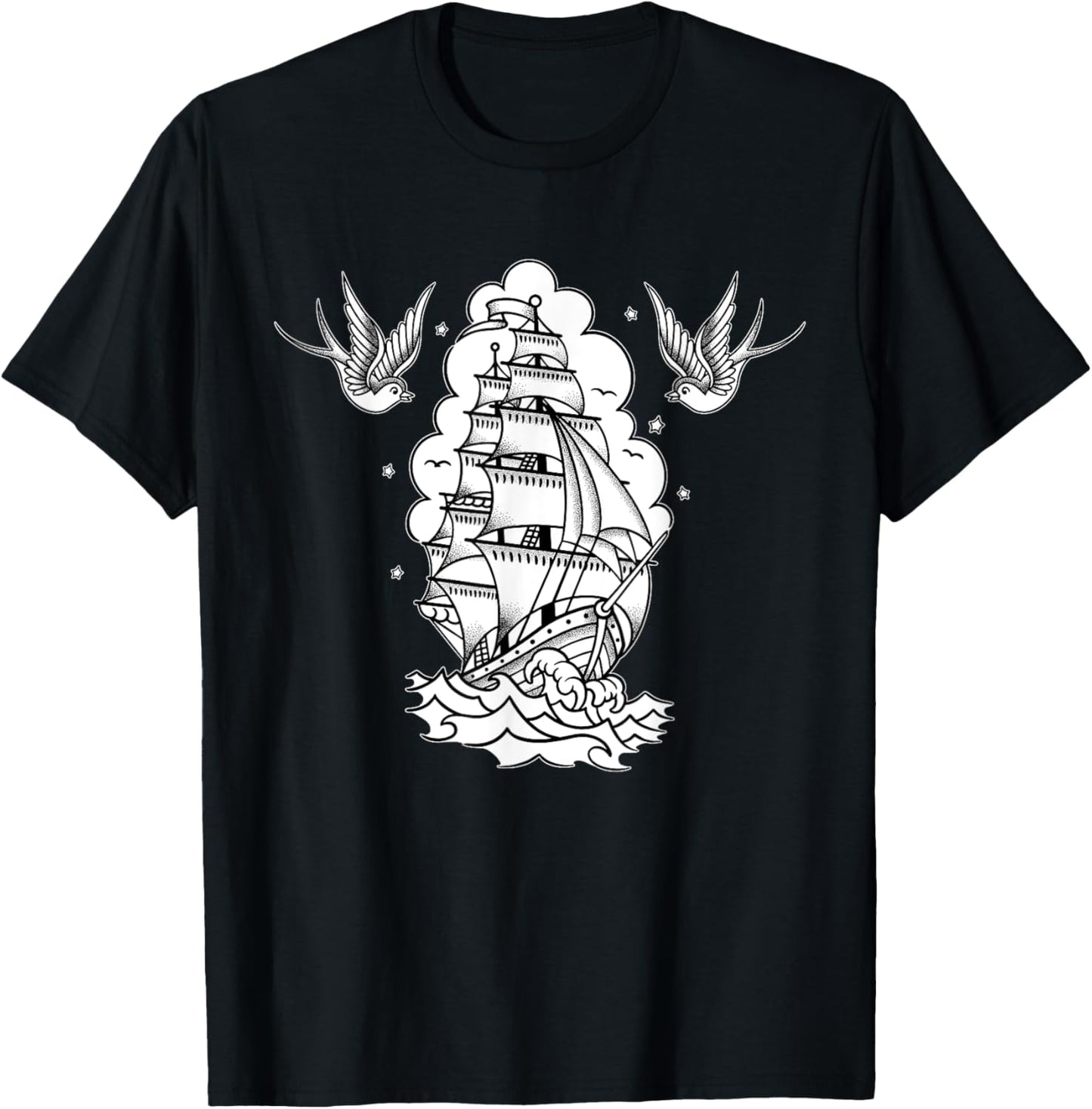 Old School Sailor Tattoo Clipper Ship and Swallows T-Shirt - T-Shirt | Black