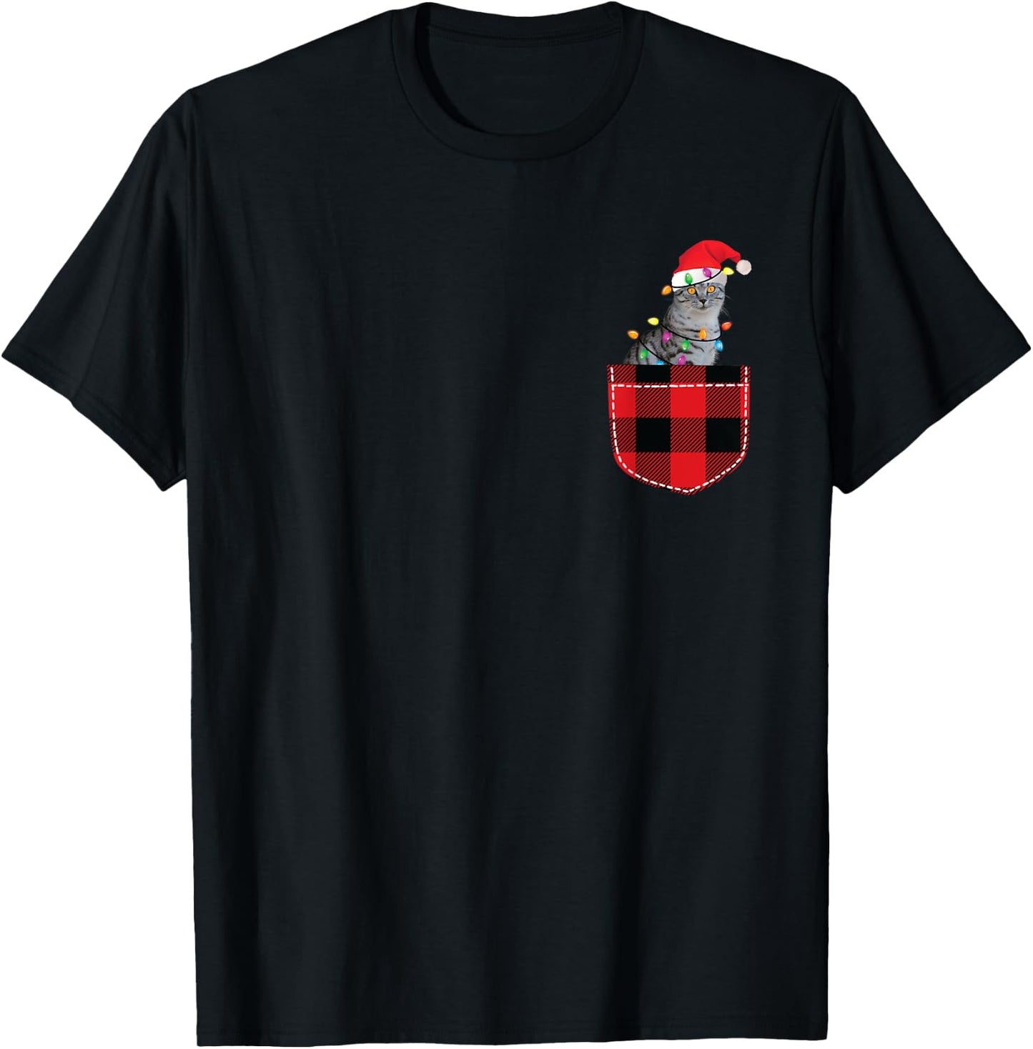Cat in Pocket Shirt Women Men Funny Cat Christmas Plaid T-Shirt - T-Shirt | Black