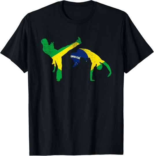 Brazil Flag Capoeira Dancer MMA Afro Brazilian Kick Fighter T-Shirt - T-Shirt | Black