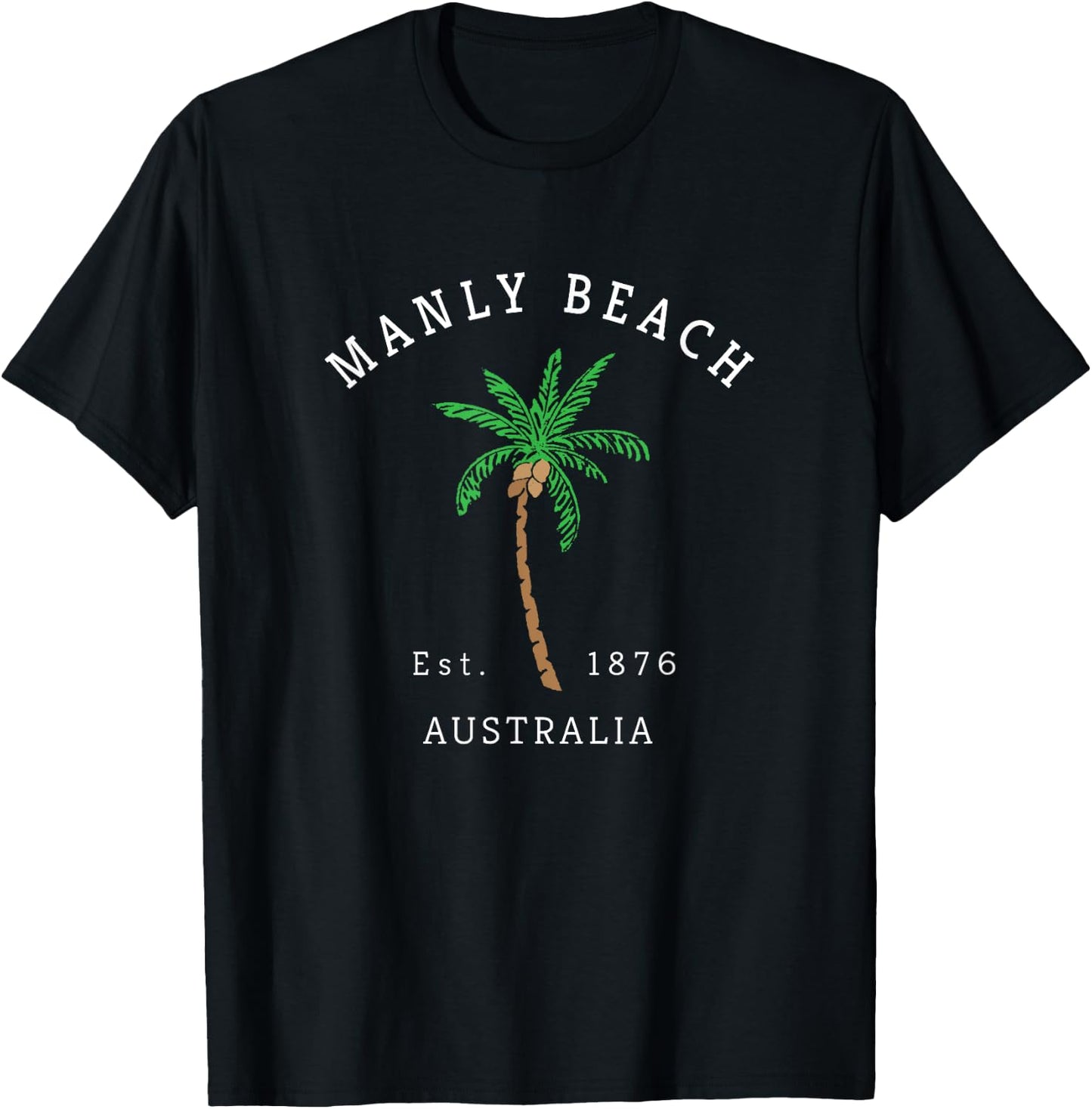 Manly Beach Australia Colorful Palm Tree Retro Novelty Art T-Shirt - T-Shirt | Black