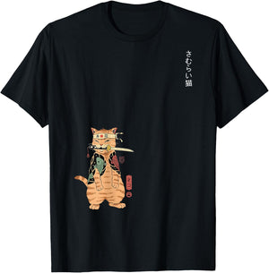 Japanese Samurai Ninja Cat Kawaii Graphic Women Kids T-Shirt - T-Shirt | Black