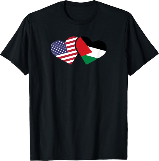 USA Palestine Flag T Shirt Heart Palestinian American Love T-Shirt - T-Shirt | Black