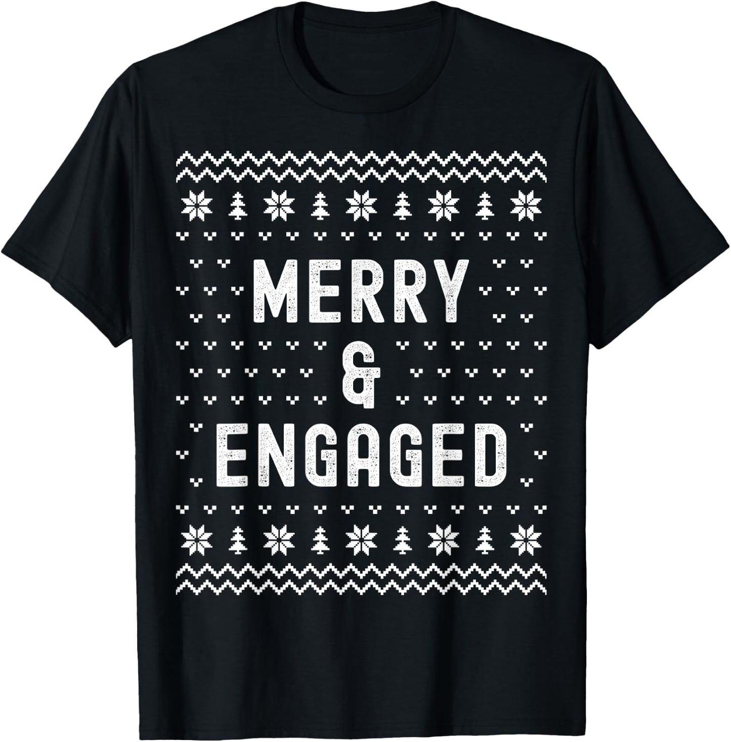 Merry & Engaged Christmas Matching Pajama Couples Engagement T-Shirt - T-Shirt | Black