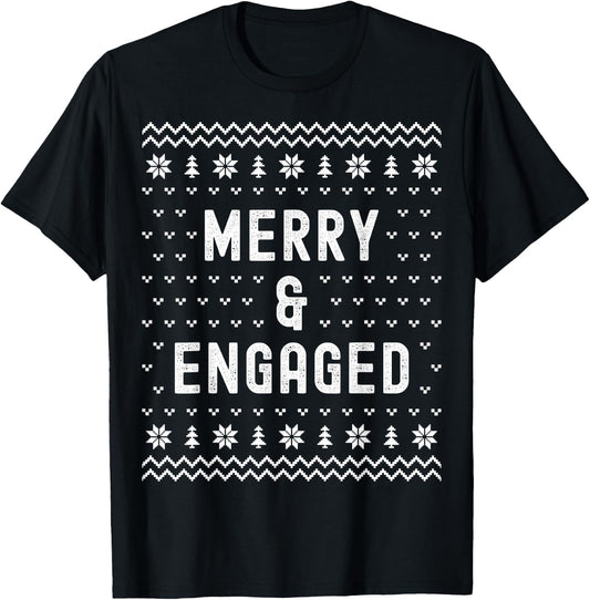 Merry & Engaged Christmas Matching Pajama Couples Engagement T-Shirt - T-Shirt | Black