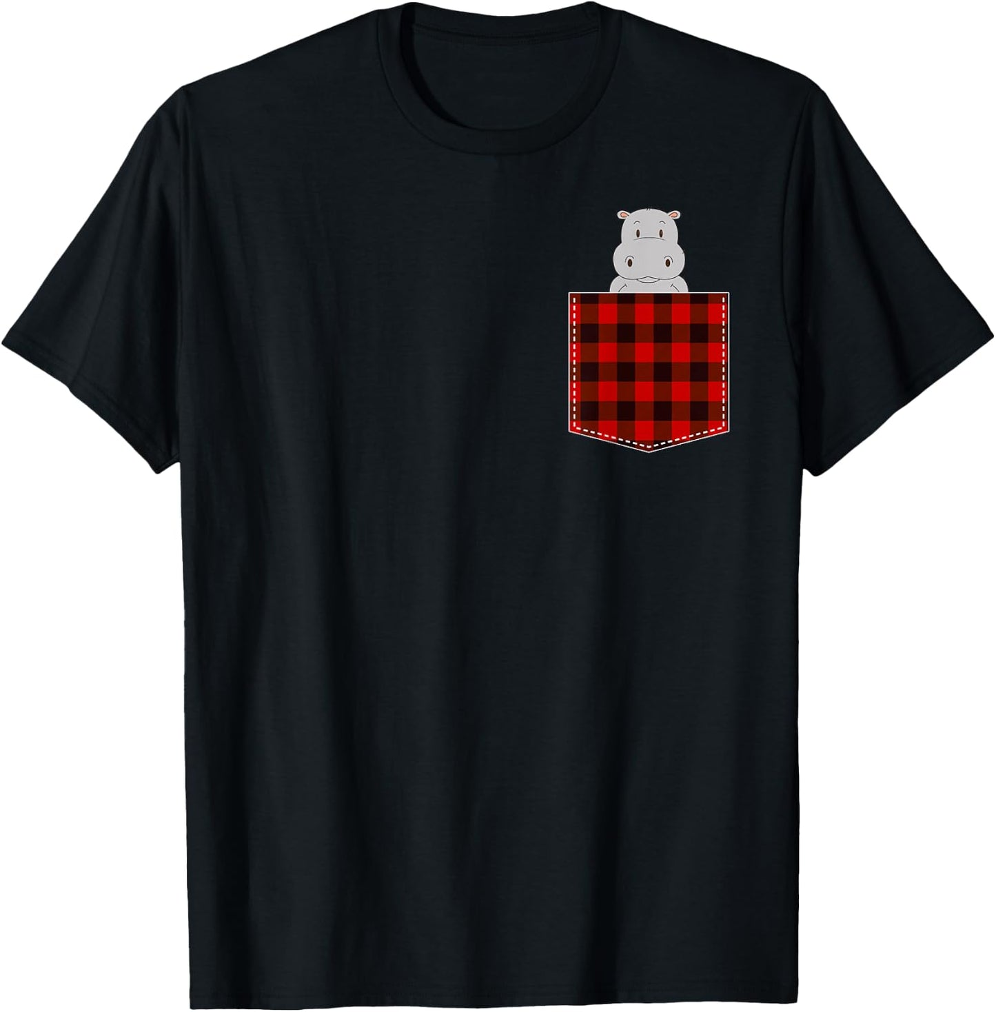 Red Plaid Hippopotamus in Pocket Buffalo Family Pyjamas Hippo T-Shirt - T-Shirt | Black