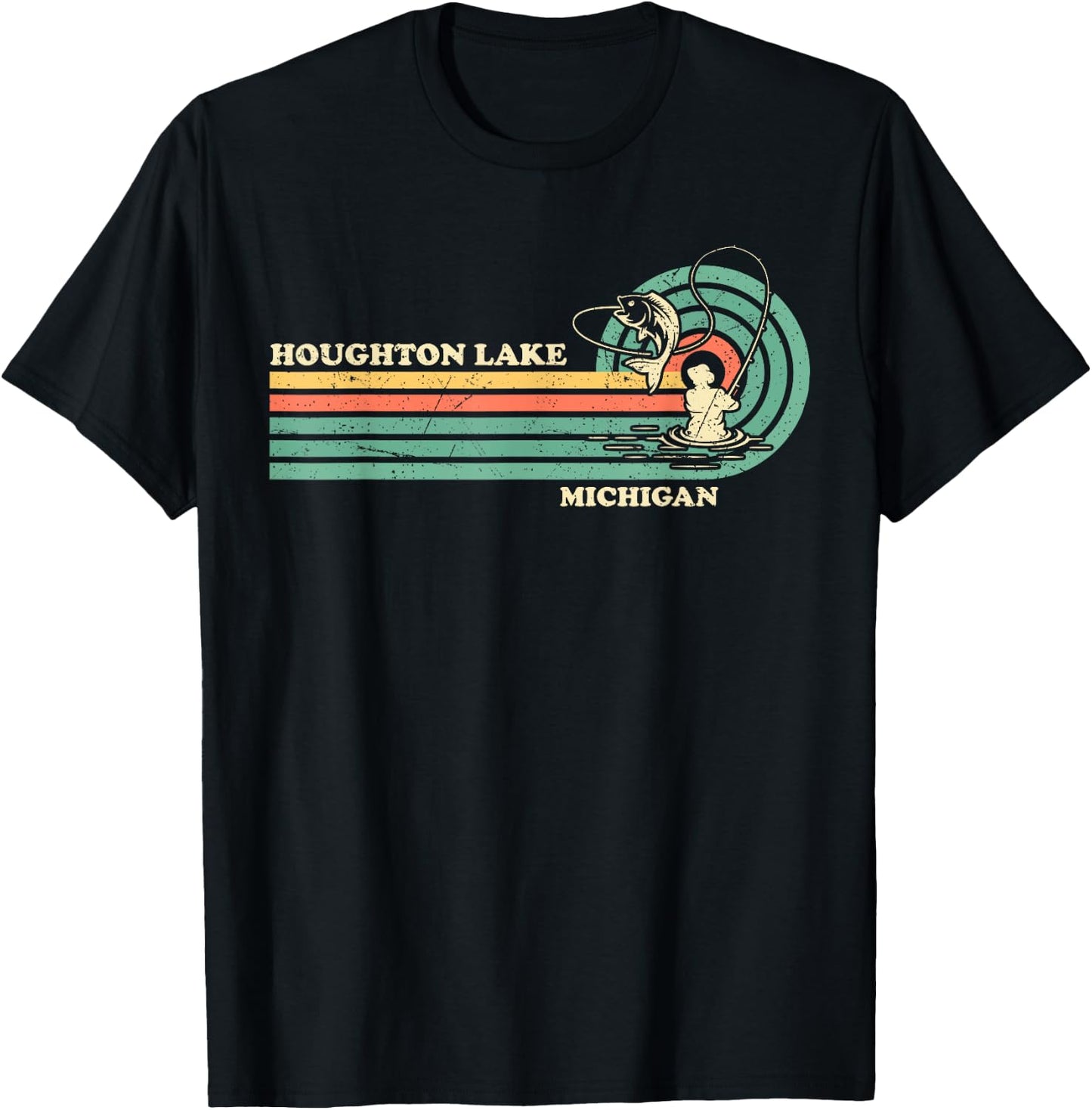 Vintage Retro Summer Fishing Michigan Houghton Lake T-Shirt - T-Shirt | Black