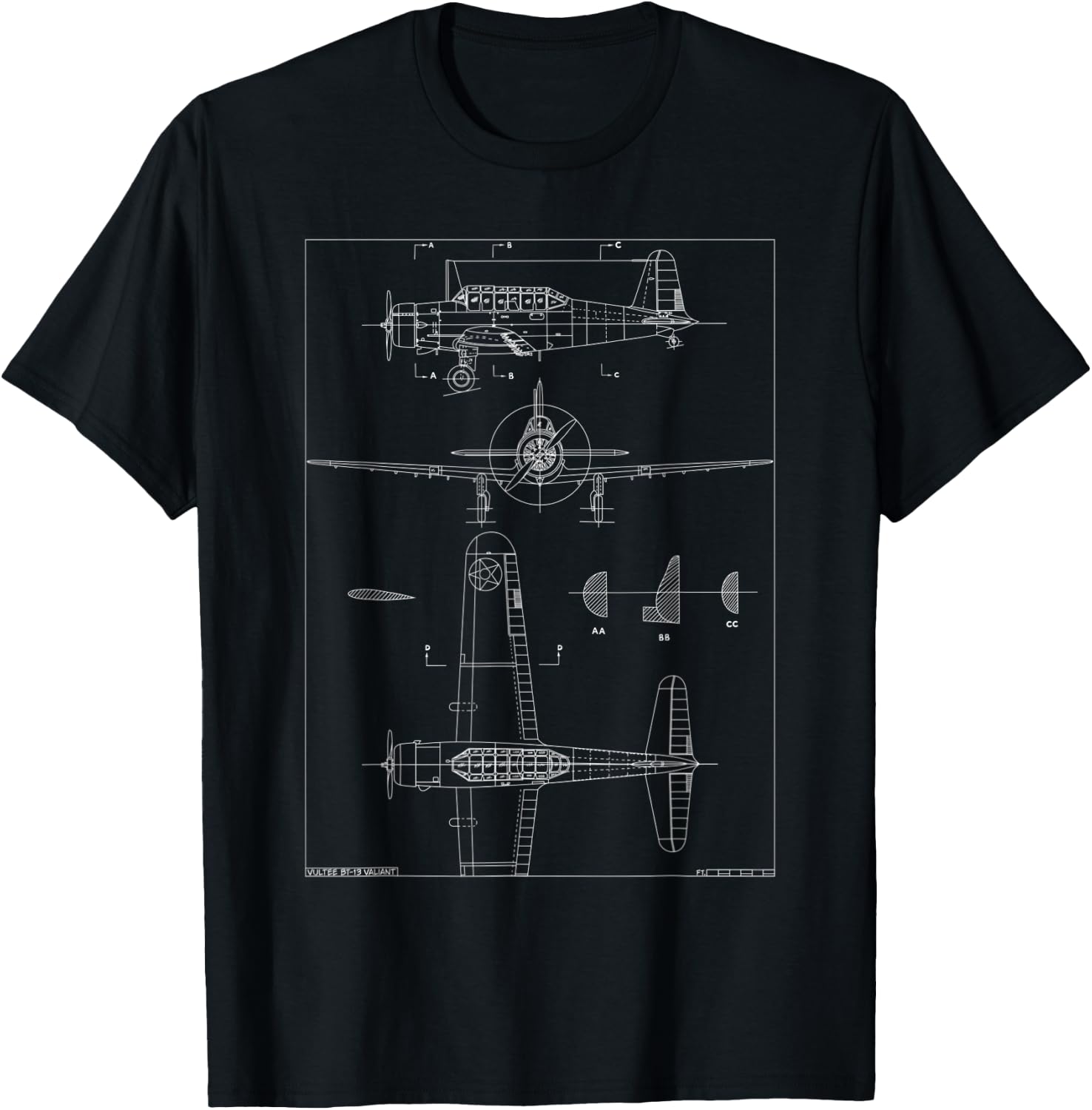 Vultee BT-13 Valiant WW2 Basic Trainer Aircraft Blueprint T-Shirt - T-Shirt | Black