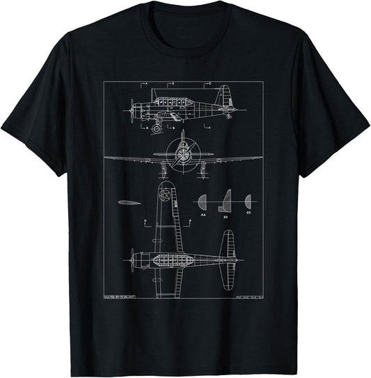 Vultee BT-13 Valiant WW2 Basic Trainer Aircraft Blueprint T-Shirt - T-Shirt | Black