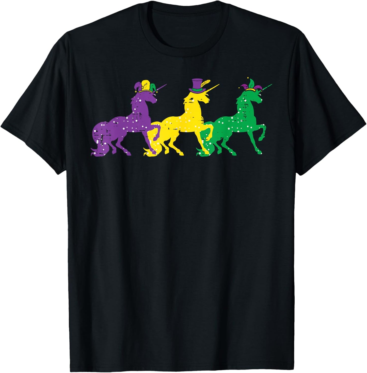 Purple Yellow Green Unicorns Mardi Gras Women Girls Kids T-Shirt - T-Shirt | Black