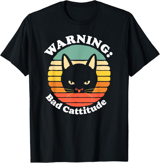Warning Bad Cattitude Funny Annoyed Cat Sunset Retro Vintage T-Shirt - T-Shirt | Black