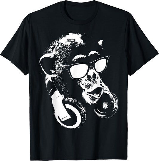 Monkey Chimp With Sunglasses And Headphones T-Shirt - T-Shirt | Black
