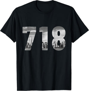 New York City 718 Area Code Skyline Queens NY NYC Vintage T-Shirt - T-Shirt | Black
