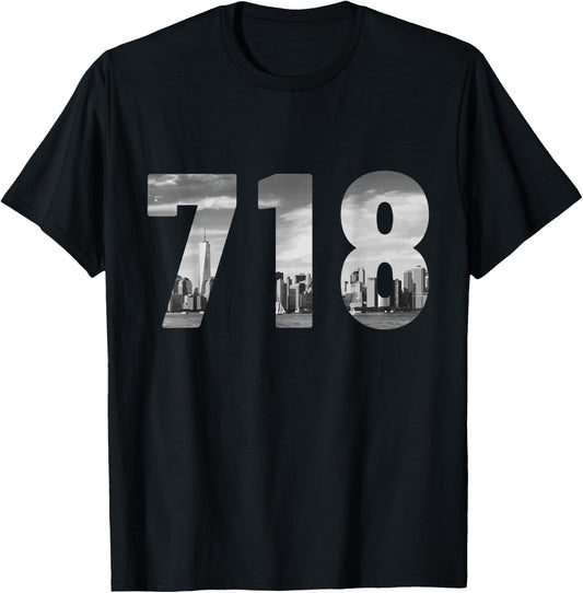 New York City 718 Area Code Skyline Queens NY NYC Vintage T-Shirt - T-Shirt | Black