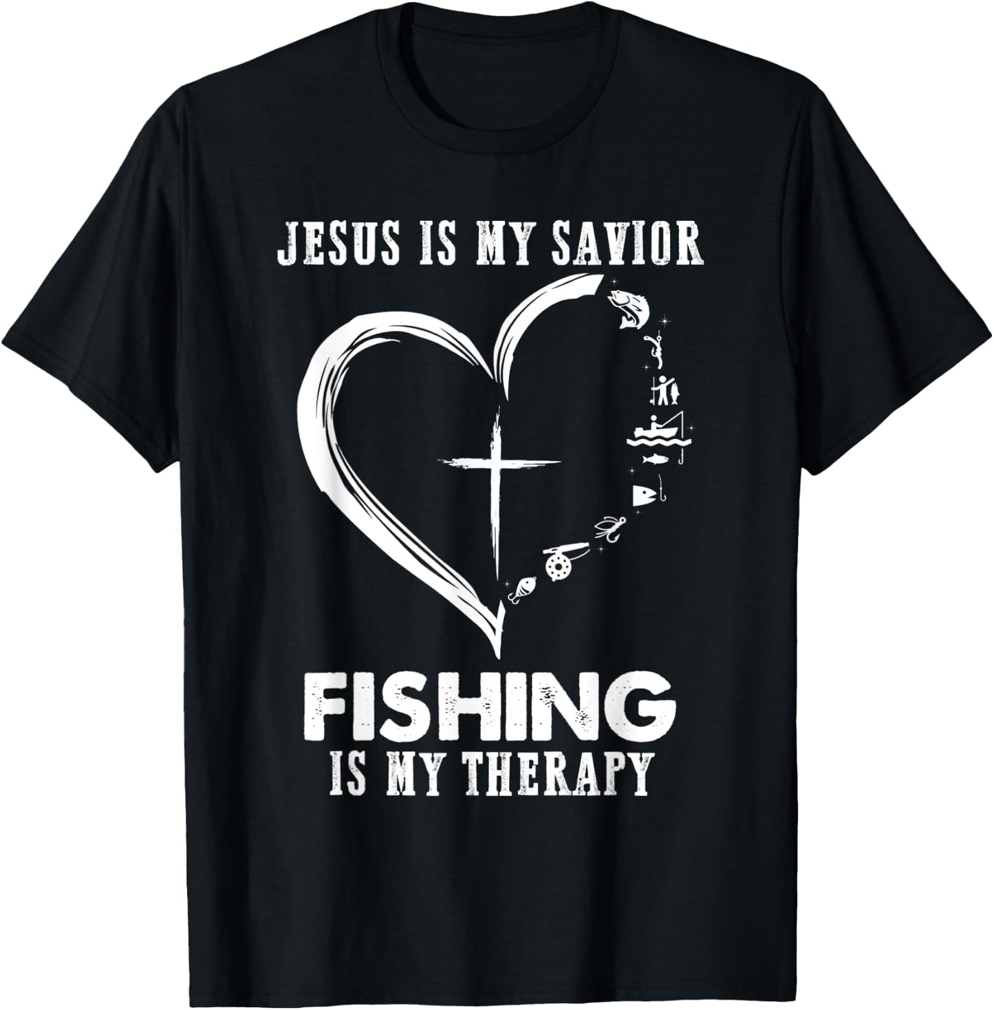 Jesus is my savior fishing is my therapy Funny Fisherman T-Shirt - T-Shirt | Black