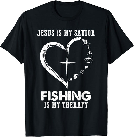Jesus is my savior fishing is my therapy Funny Fisherman T-Shirt - T-Shirt | Black