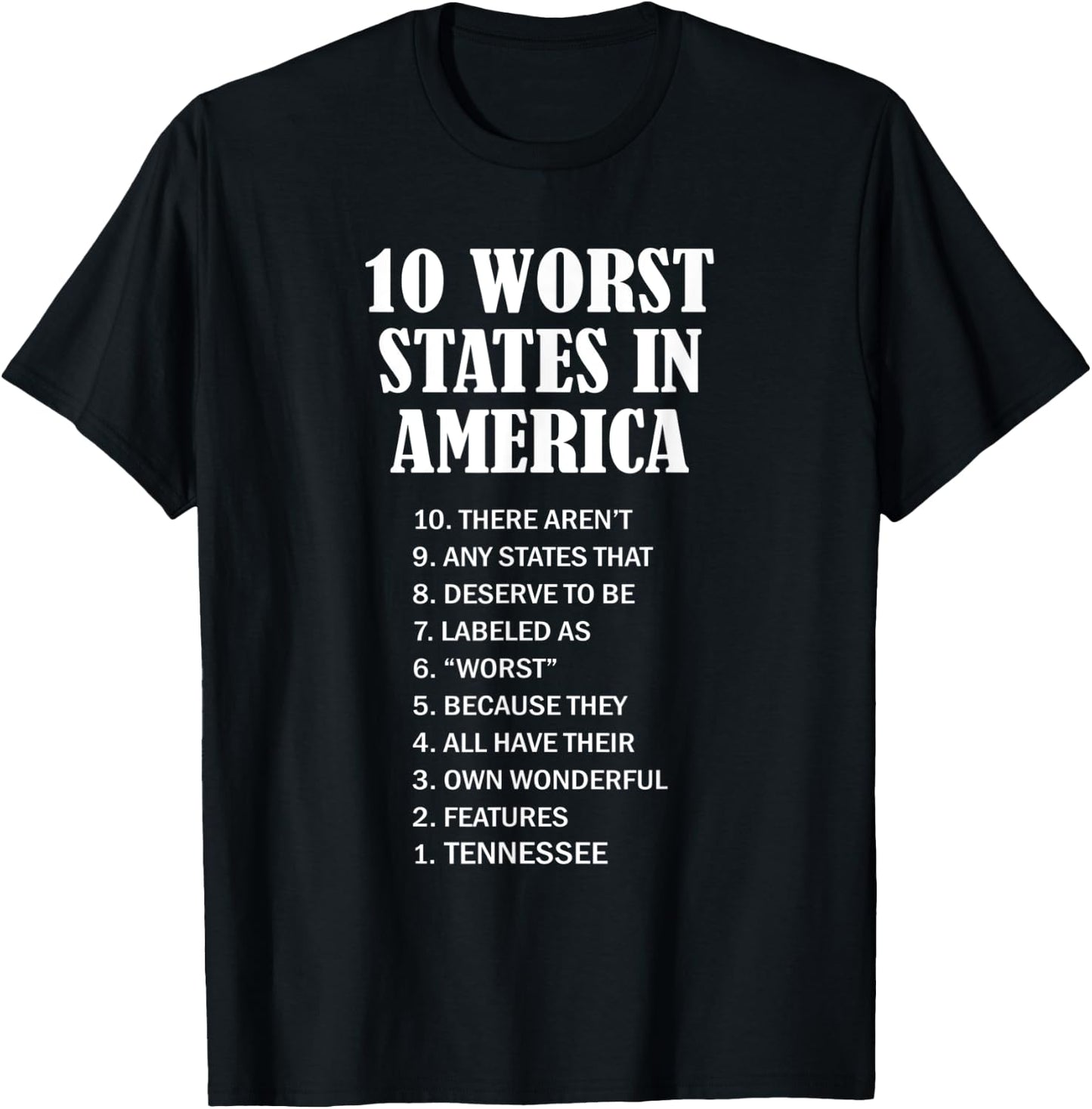 Tennessee - Ten Worst States in the US | TN Sucks - Funny T-Shirt - T-Shirt | Black