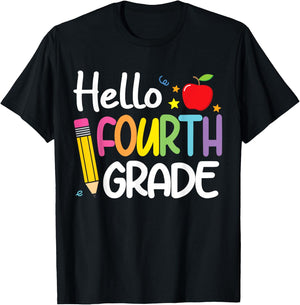 Hello Fourth 4th Grade First Day Back to School Teacher Girl T-Shirt - T-Shirt | Black