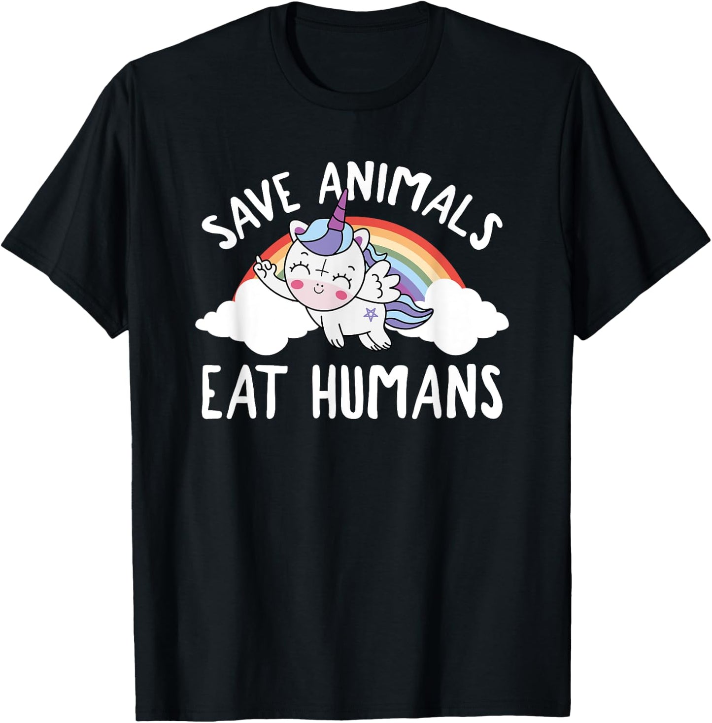 Evil Unicorn Rainbow Save Animals Eat Humans Satanic Vegan T-Shirt - T-Shirt | Black
