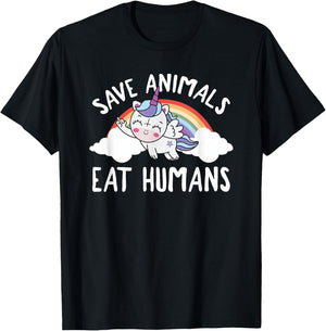 Evil Unicorn Rainbow Save Animals Eat Humans Satanic Vegan T-Shirt - T-Shirt | Black