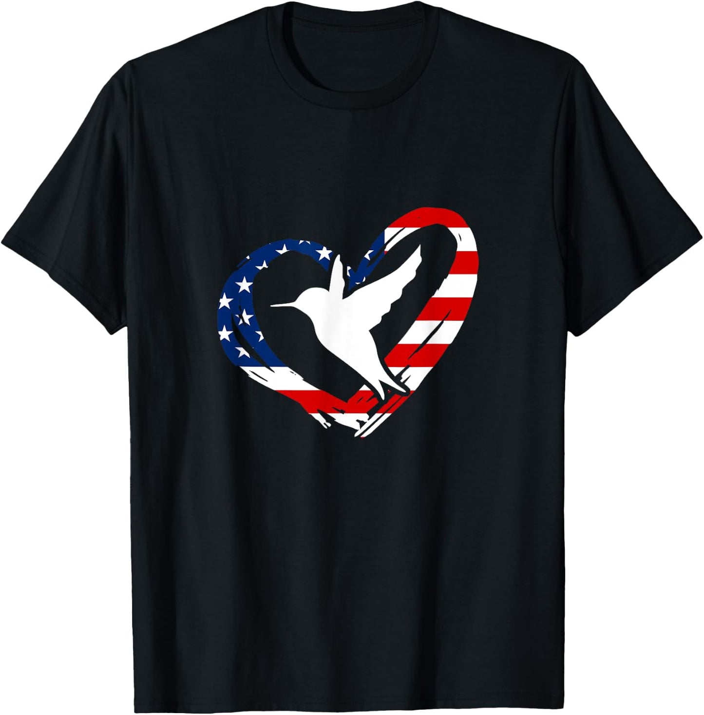 Hummingbird American Flag Heart USA 4th Of July T-Shirt - T-Shirt | Black