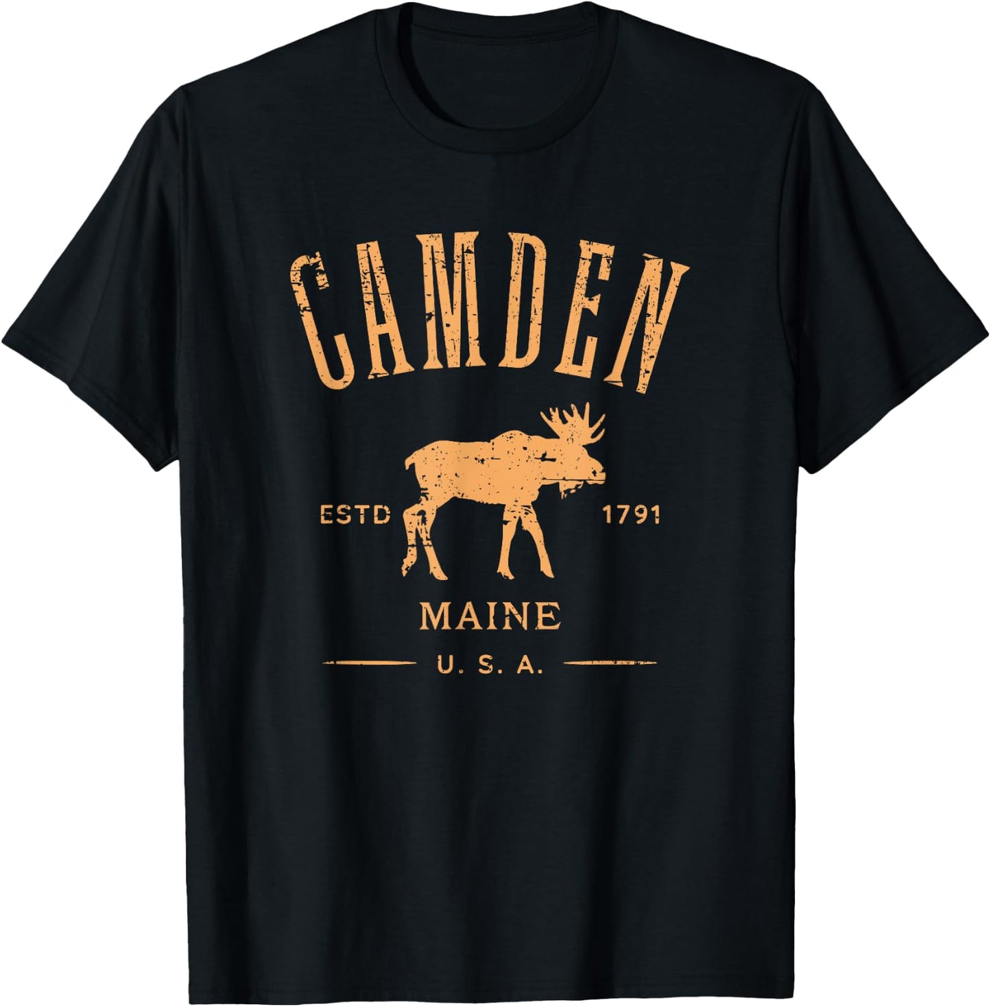 Camden Maine USA with Moose Distressed Design Souvenir T-Shirt - T-Shirt | Black