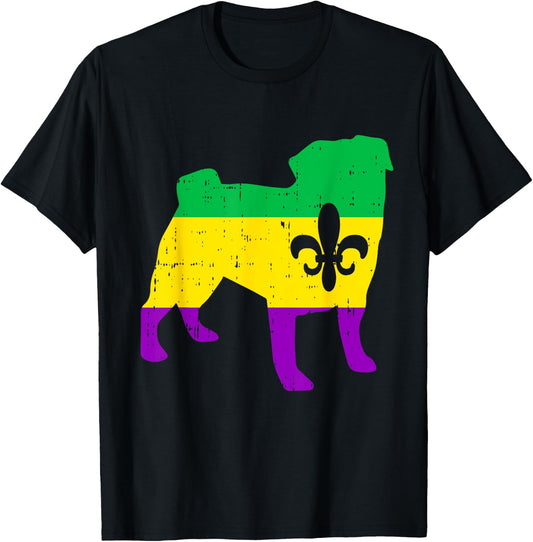Pug Silhouette Mardi Gras Cute Dog Carnival Masquerade Party T-Shirt - T-Shirt | Black