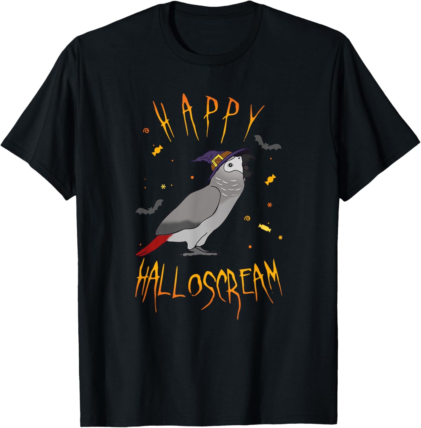 Happy Halloscream African Grey Parrot Witch Hat Birb memes T-Shirt - T-Shirt | Black