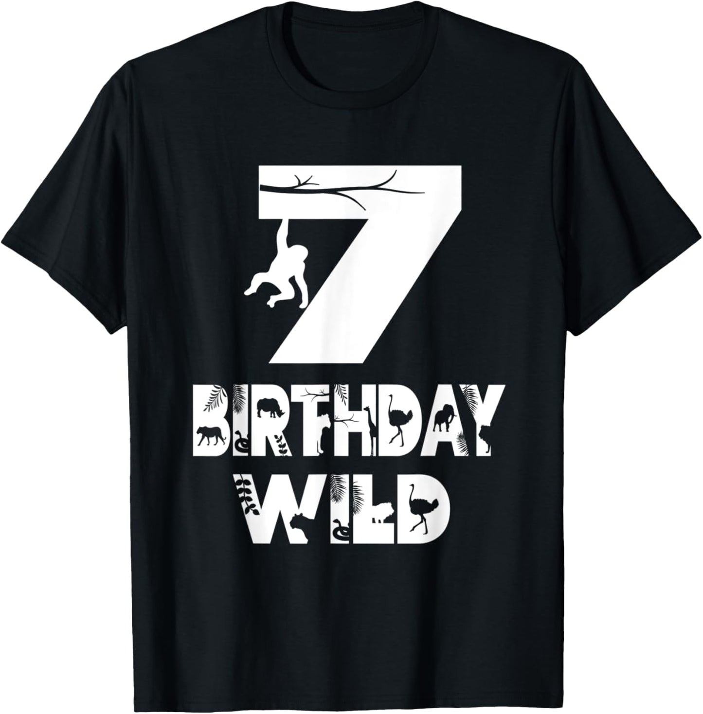 7th Birthday Wild Kid 7 Years Old Zoo Theme Animal Party T-Shirt - T-Shirt | Black