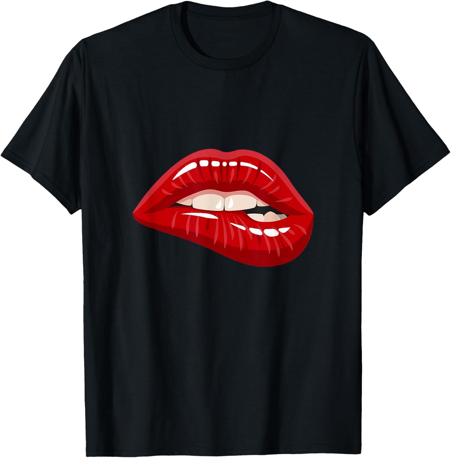 Men's Women's Graphic - Red Biting Lips Short Sleeve T-Shirt - T-Shirt | Black