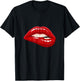 Men's Women's Graphic - Red Biting Lips Short Sleeve T-Shirt - T-Shirt | Black