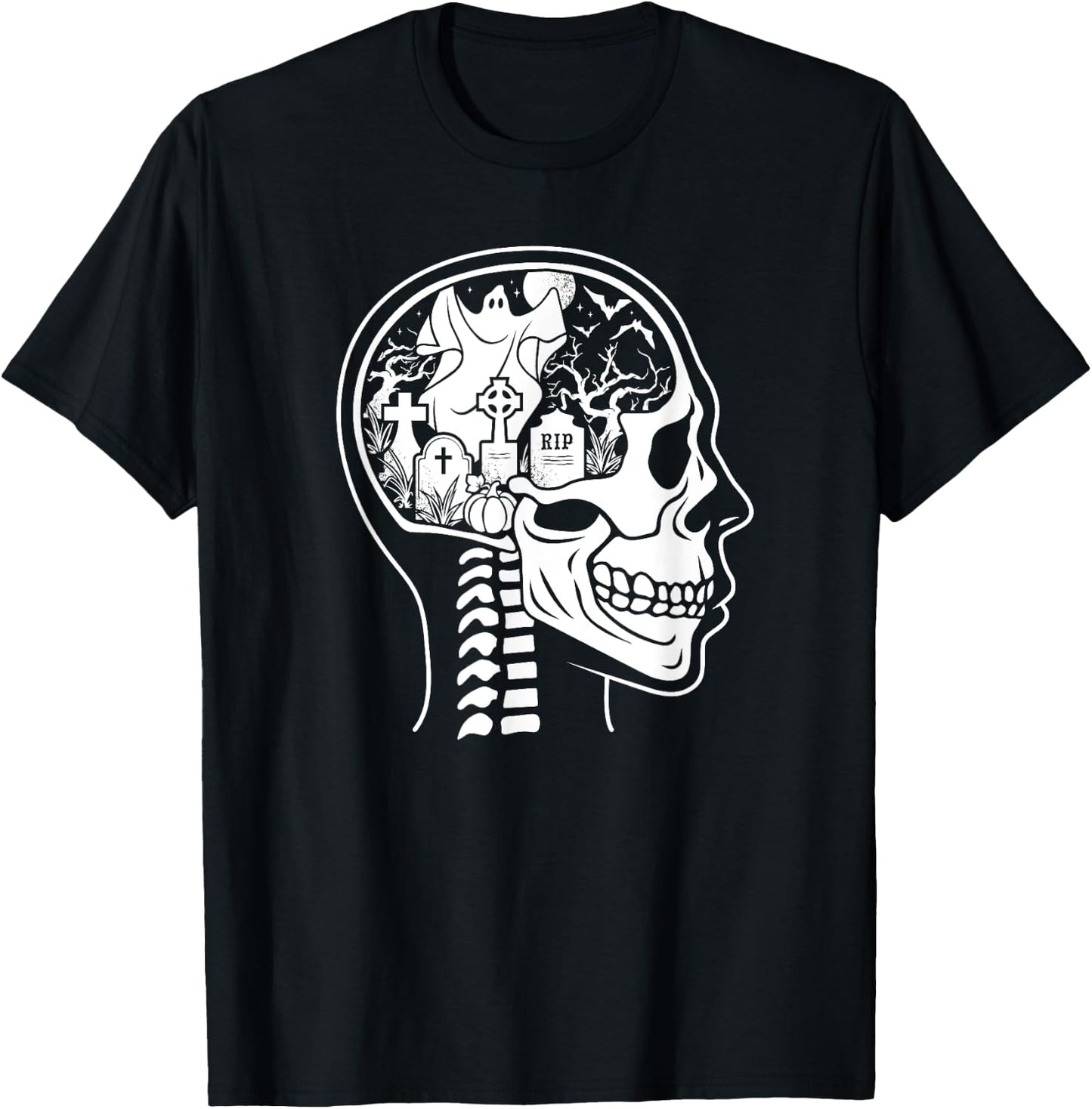 Thinking About Halloween All The Time Ghost Graveyard Skull T-Shirt - T-Shirt | Black