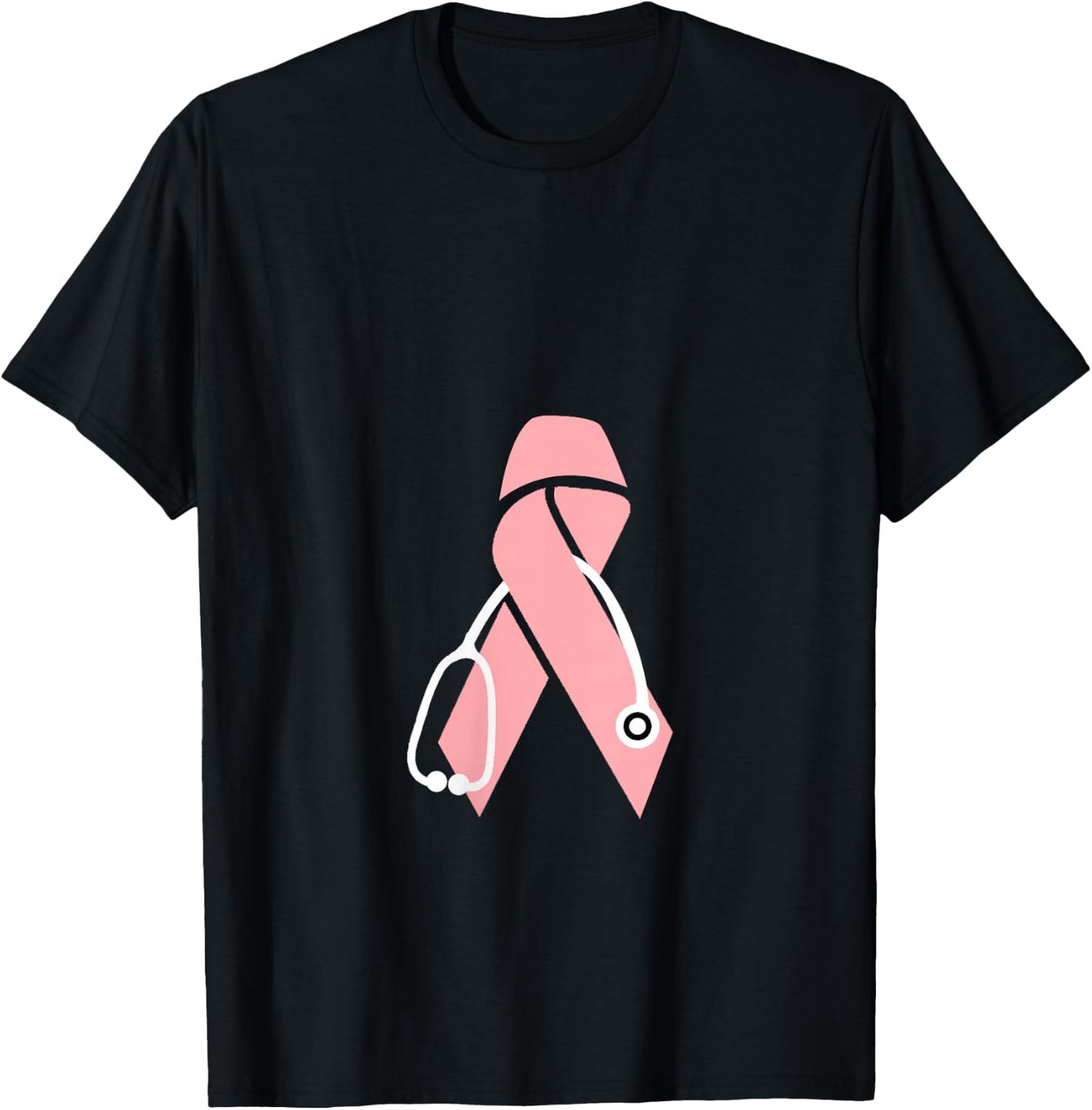 Breast Cancer Awareness Scrub Top Stethoscope Pink Ribbon V-Neck T-Shirt - T-Shirt | Black