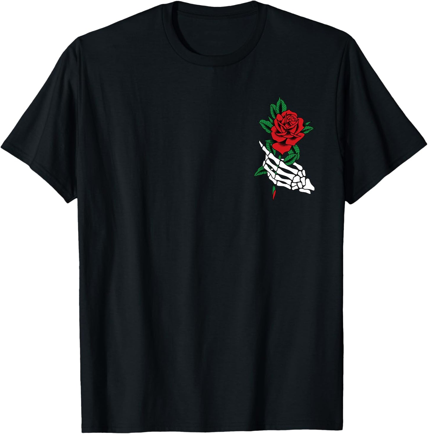 White Skeleton Hand Holding a Red Rose Tattoo Graphic T-Shirt - T-Shirt | Black