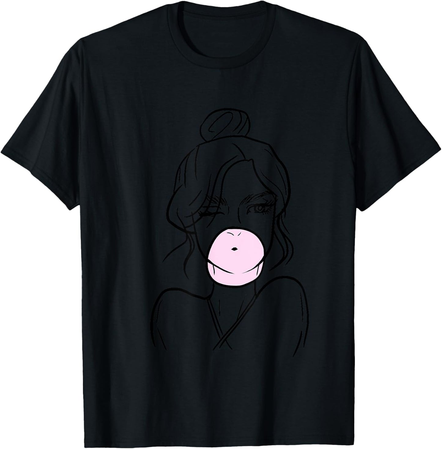 Bubblegum Girl Outline Cute Minimal Art Design Teens Gift T-Shirt - T-Shirt | Black