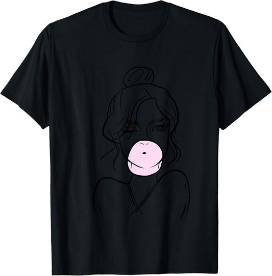 Bubblegum Girl Outline Cute Minimal Art Design Teens Gift T-Shirt - T-Shirt | Black