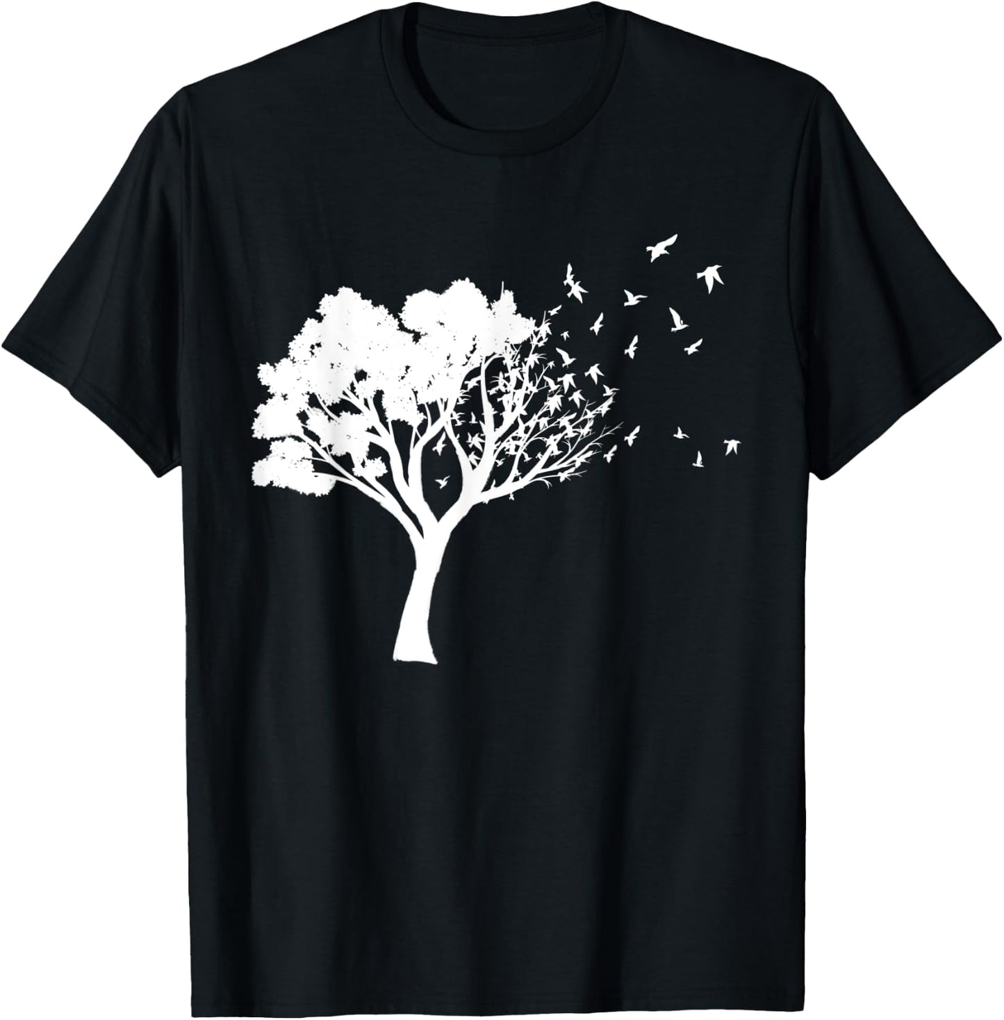 White Tree And Birds Flying Away Free In Nature Silhouette T-Shirt - T-Shirt | Black