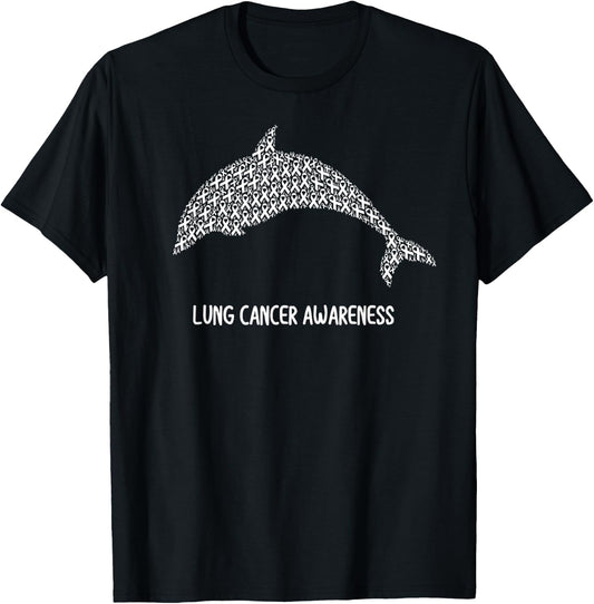 Lung Cancer Awareness White Ribbon Survivor - Fish Dolphin T-Shirt - T-Shirt | Black