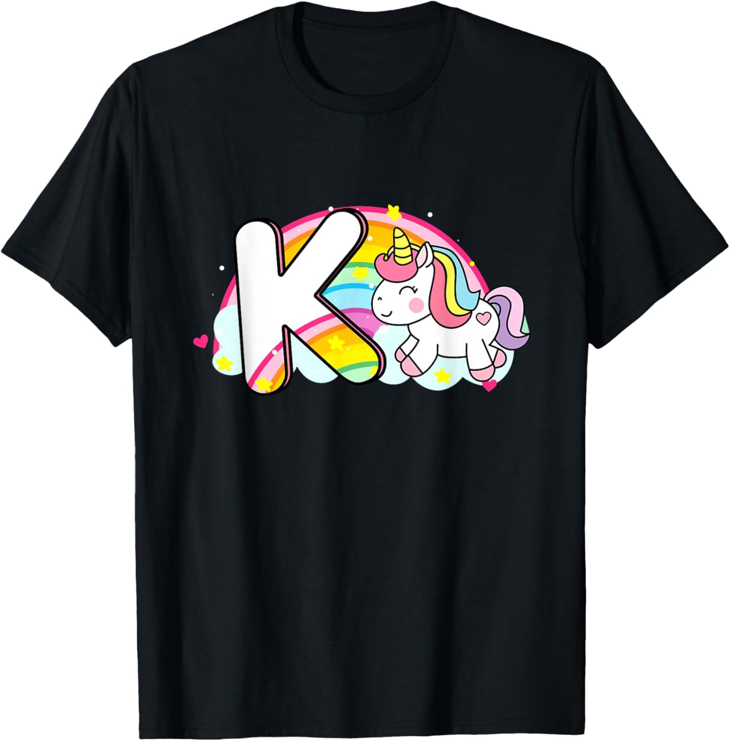 Cute Unicorn Rainbow Caricature Initial K Mo T-Shirt - T-Shirt | Black